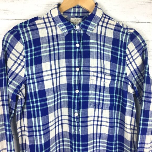 J. Crew Women's Blue and White Plaid Popover Top - Picture 2 of 7